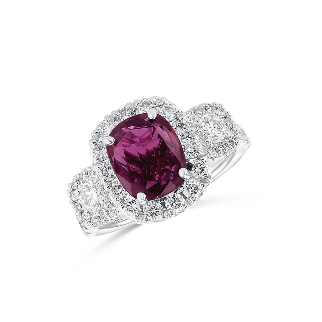 3.86 Carats Natural Diamond and Ruby Three Stone Halo Ring - Image 3